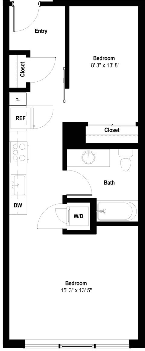 Floor plan for 1 bed, 1 bath, 649 sqft